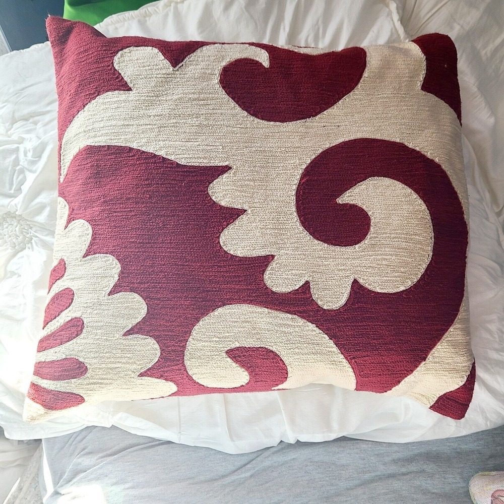 POTTERY BARN Brick Red Cream Swirl FLORAL Pillow + Cover 19"x20"